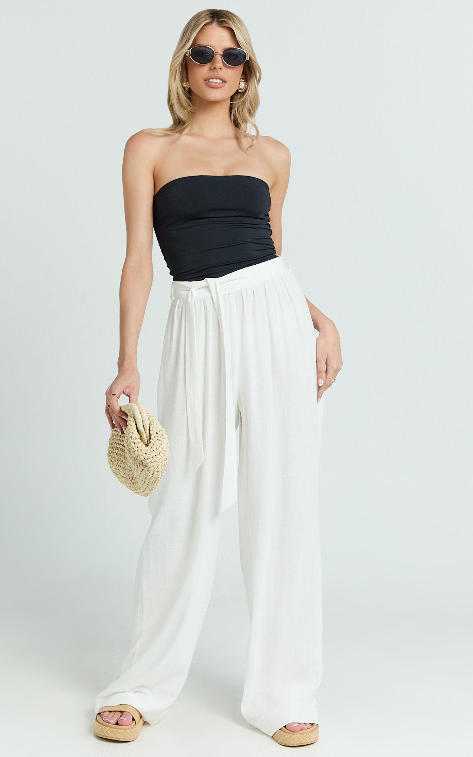Kalli Pants - Linen Look Belted Wide Leg Relaxed Pants in White Product Image