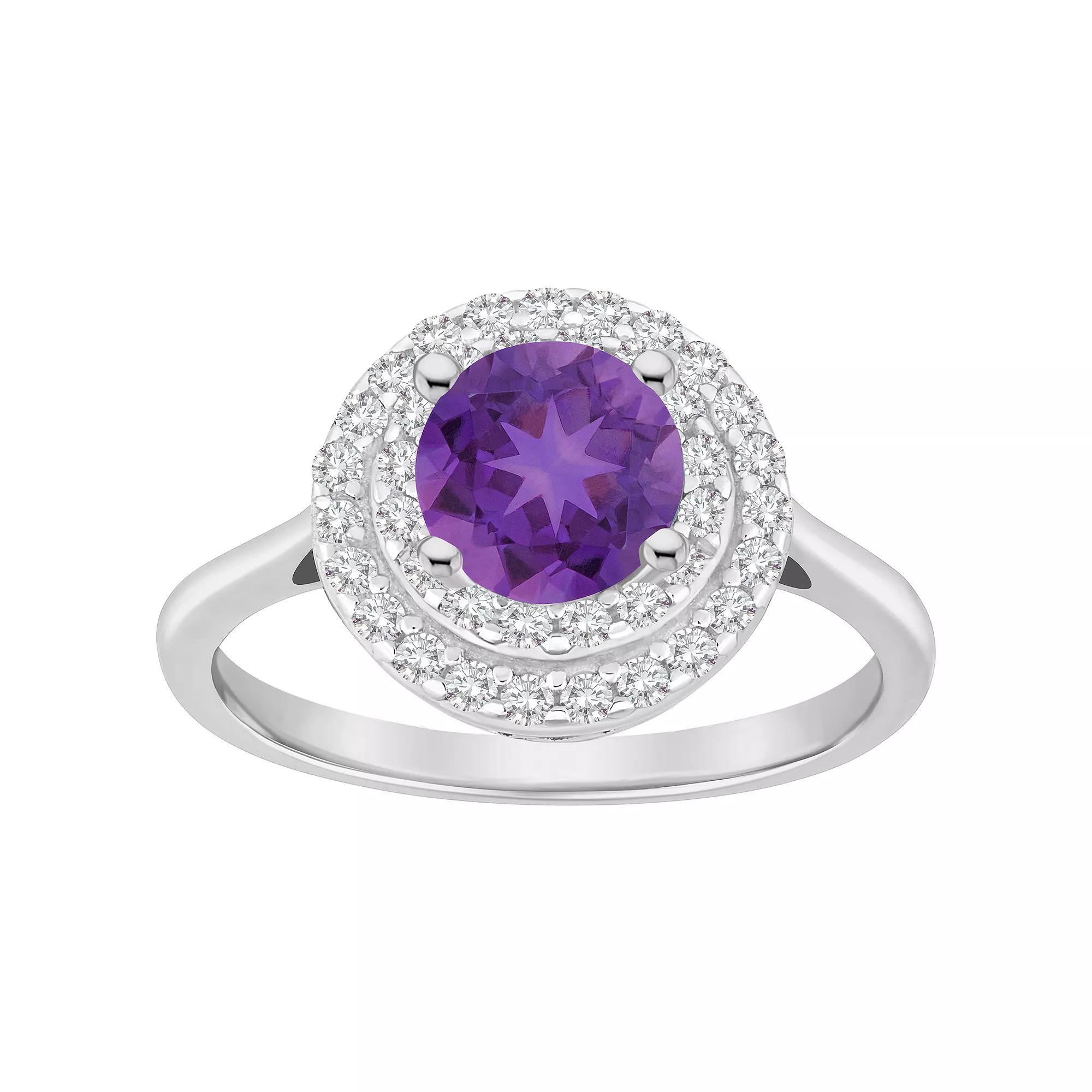 Celebration Gems Sterling Silver Round-Cut Amethyst & White Topaz Double Halo Ring, Women's, Size: 5 Product Image