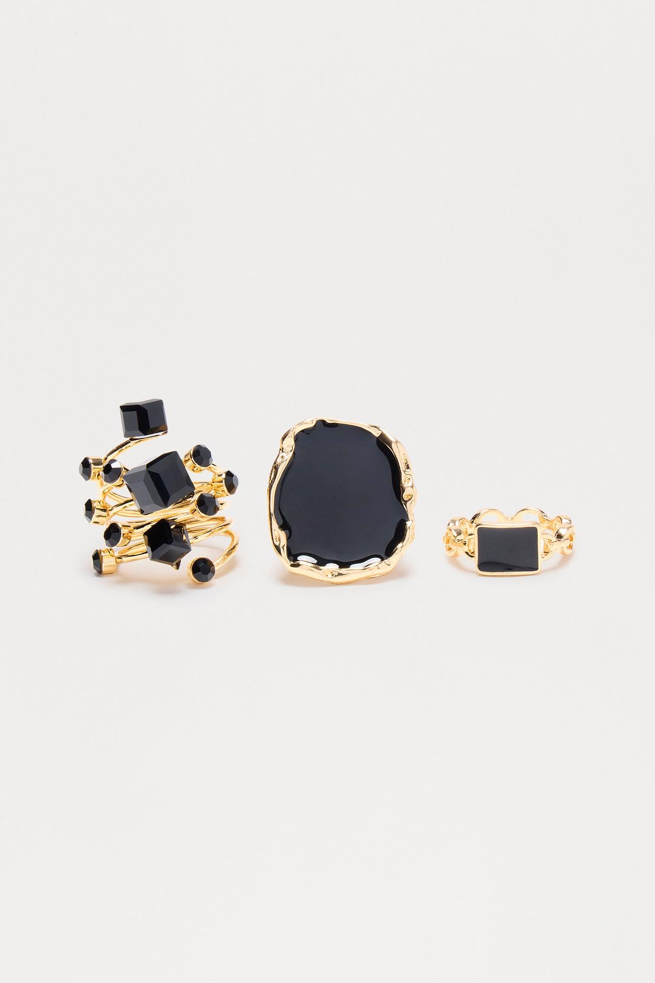 Mixed Feelings Jeweled 3 Piece Ring Set - Gold/Black Female Product Image