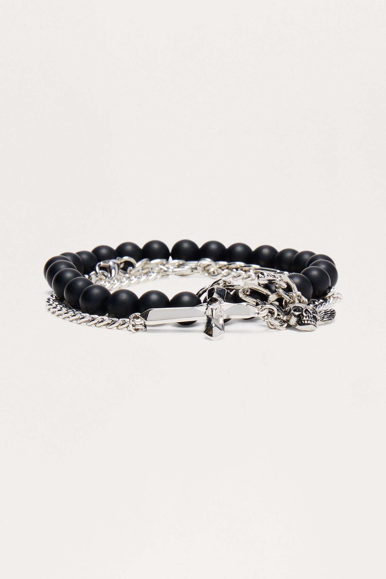 Celest Skull Bracelet Set - Silver/Black Product Image
