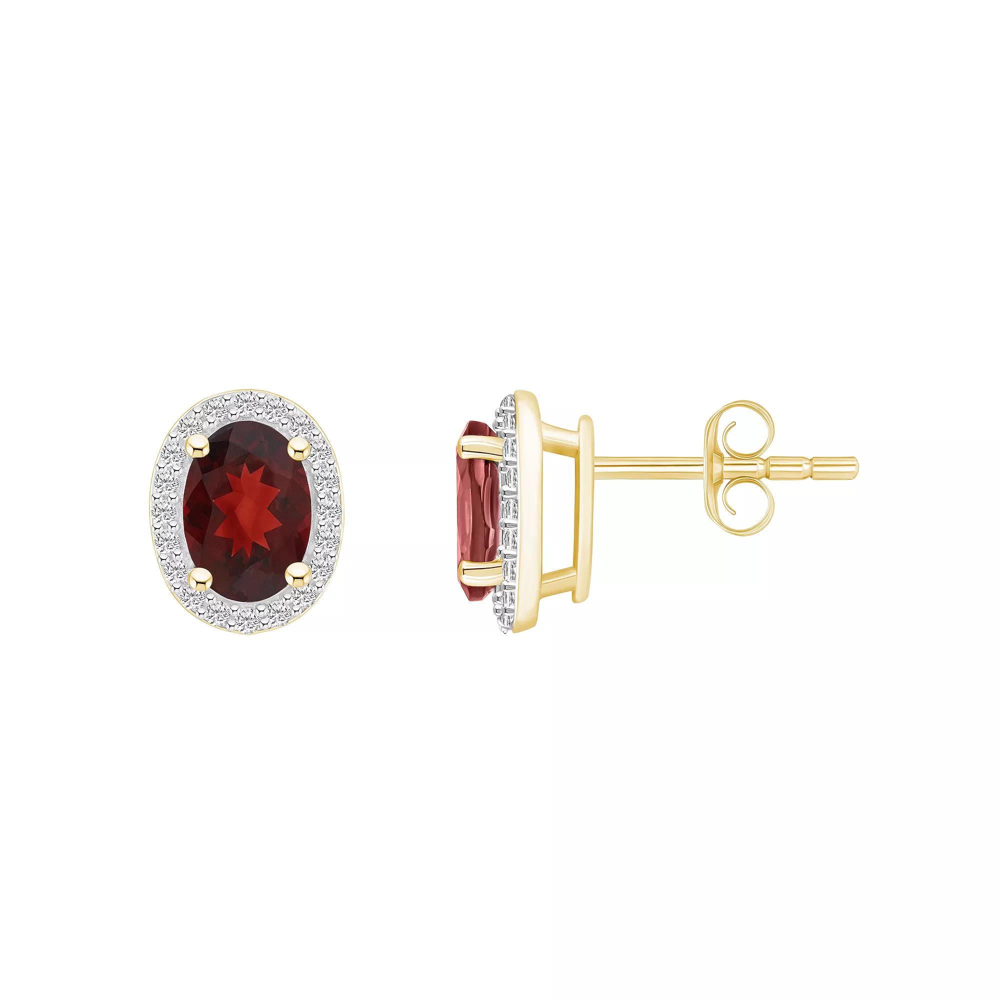 Celebration Gems 10k Gold Oval Gemstone & Lab-Created White Sapphire Halo Stud Earrings, Women's, Red Product Image