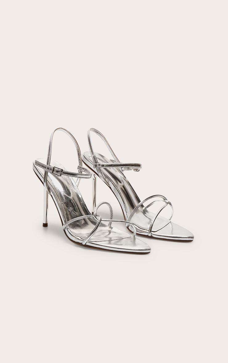 Silver Pu Point Toe Thin Strappy High Stiletto Heeled Sandals Product Image