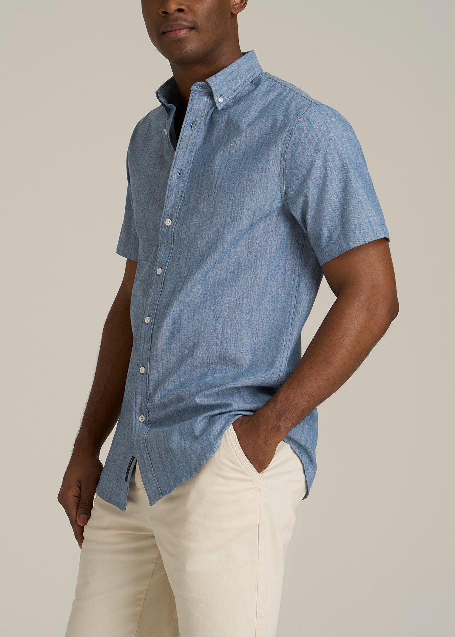 Short Sleeve Stretch Chambray Shirt for Tall Men in Medium Blue Chambray Male Product Image