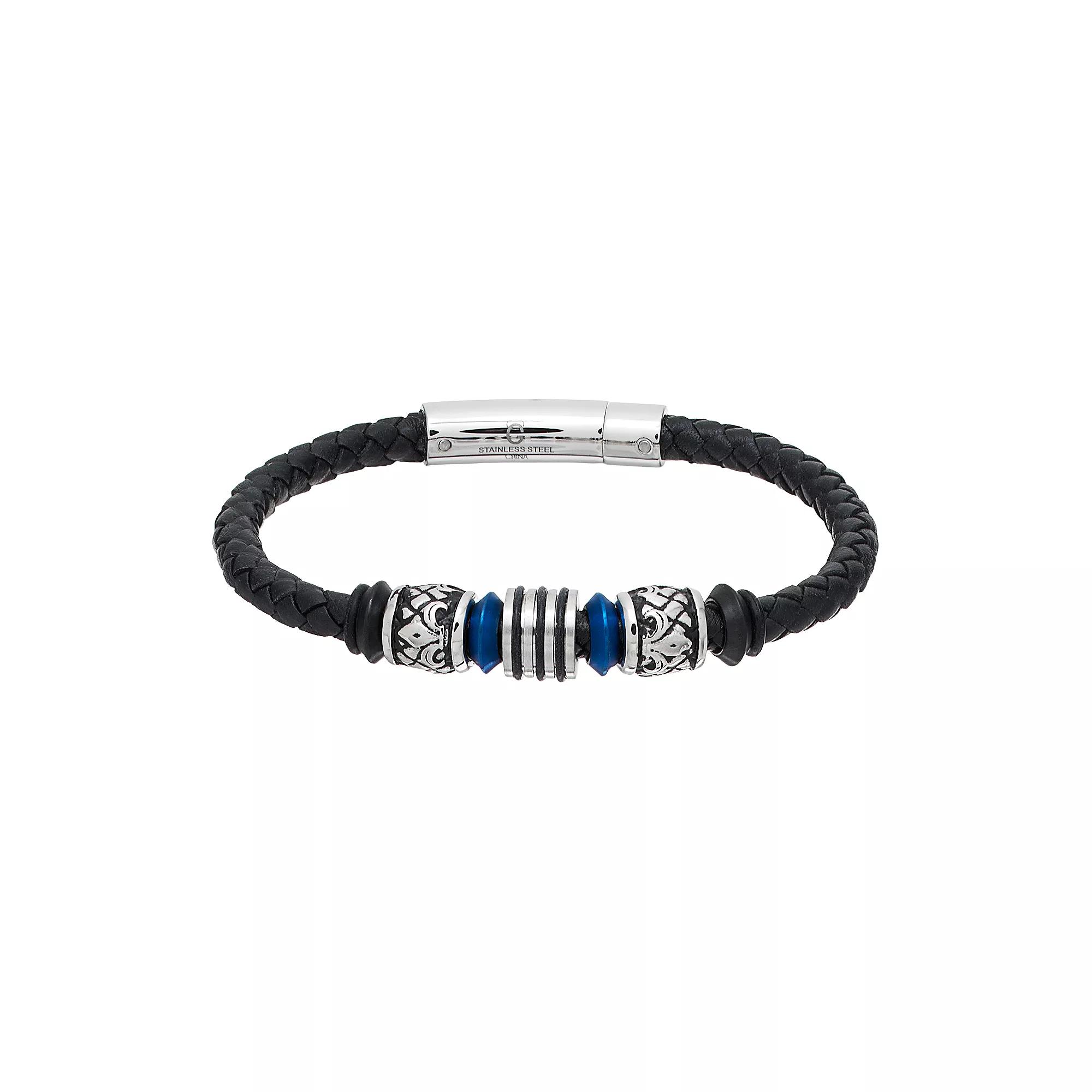 Men's Stainless Steel & Black Leather Beaded Bracelet, Size: 8.5", Multicolor Product Image