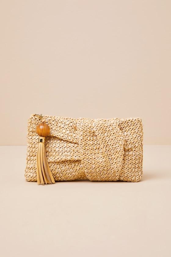 Lorena Natural Raffia Knotted Tassel Clutch Product Image
