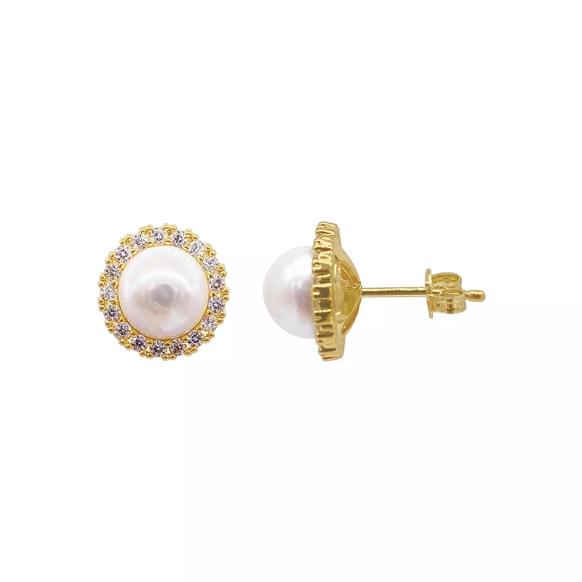Adornia Sterling Silver Freshwater Cultured Pearl & Cubic Zirconia Halo Earrings, Women's, Gold Tone Product Image