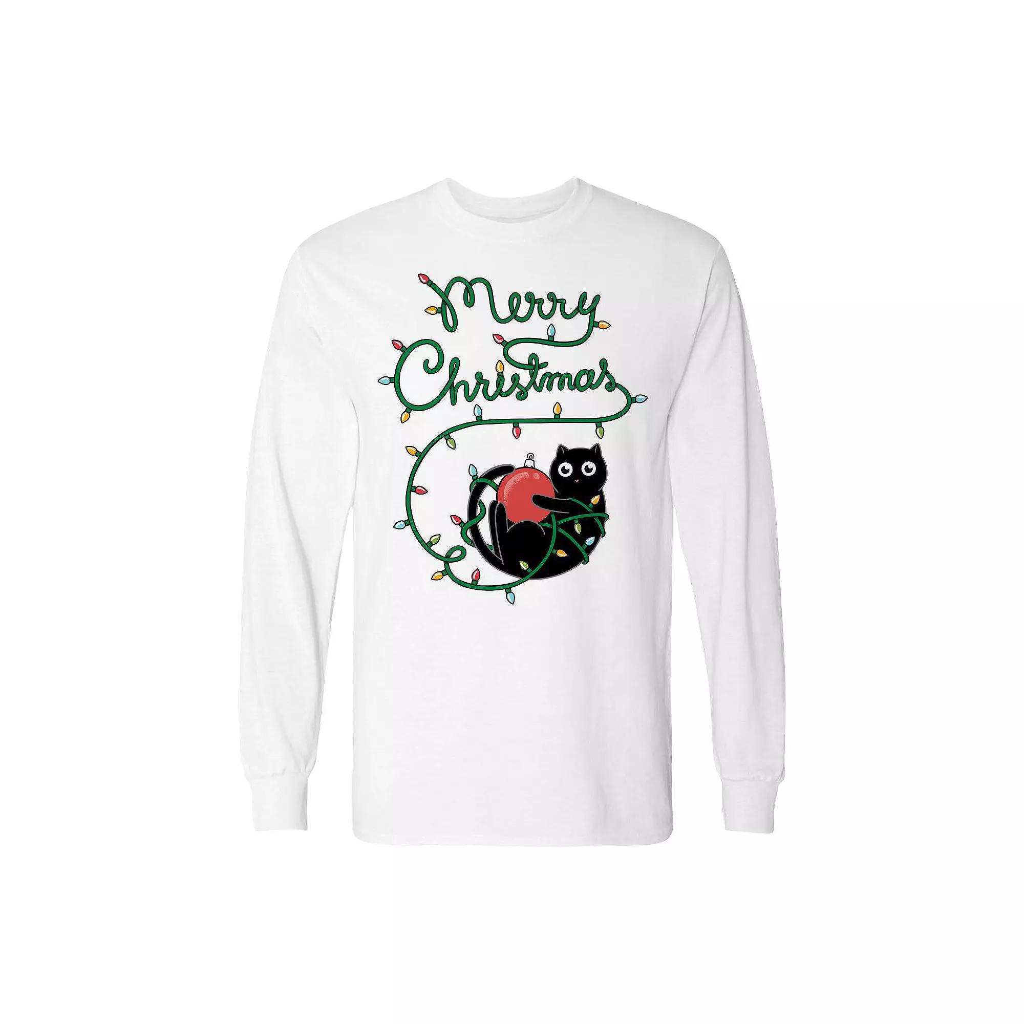 Men's Cat Merry Christmas Long Sleeve Graphic Tee, Size: XL, Irish Green Product Image