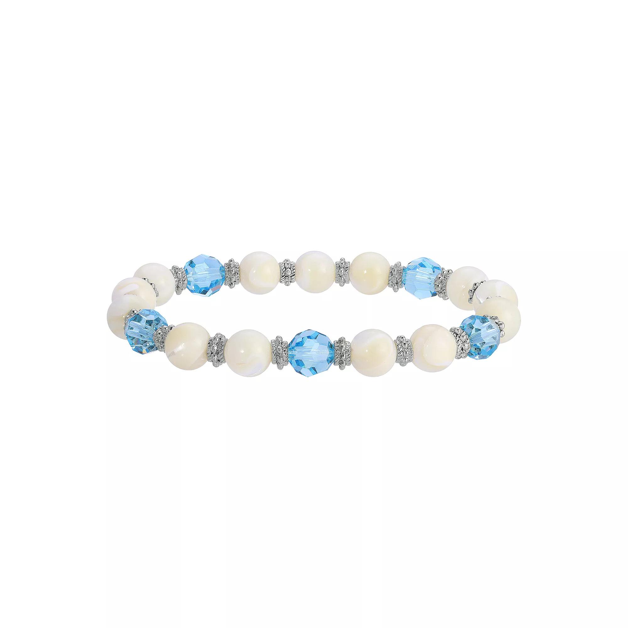 1928 Silver Tone Simulated Mother Of Pearl With Aqua Stone Stretch Bracelet, Womens, White Product Image