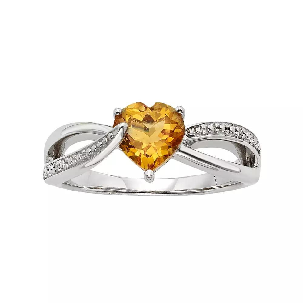 Citrine and Diamond Accent Sterling Silver Heart Bypass Ring, Women's, Size: 7, Orange Product Image