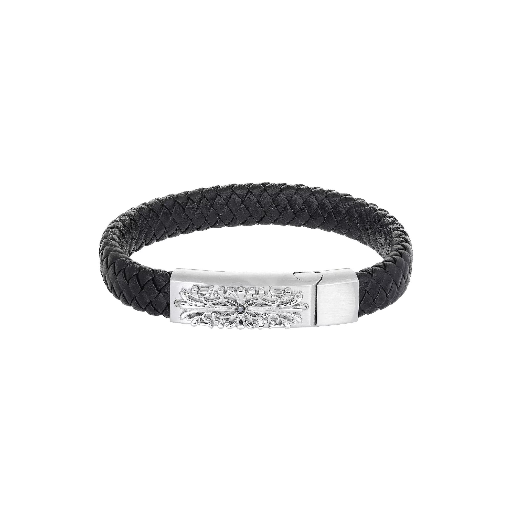 Men's LYNX Stainless Steel Black Diamond Accent Braided Leather Bracelet, Size: 8.5" Product Image