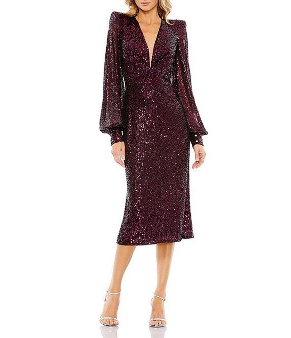Mac Duggal Plunge V-Neck Long Bishop Sleeve Sequin Sheath Midi Dress Product Image