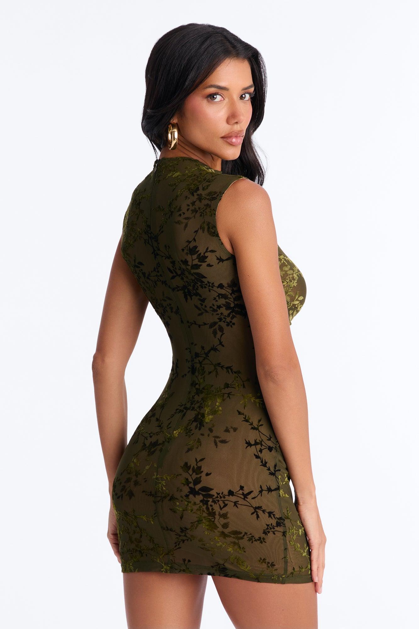 Magnolia Flocked Mesh Mini Dress - Olive Female Product Image