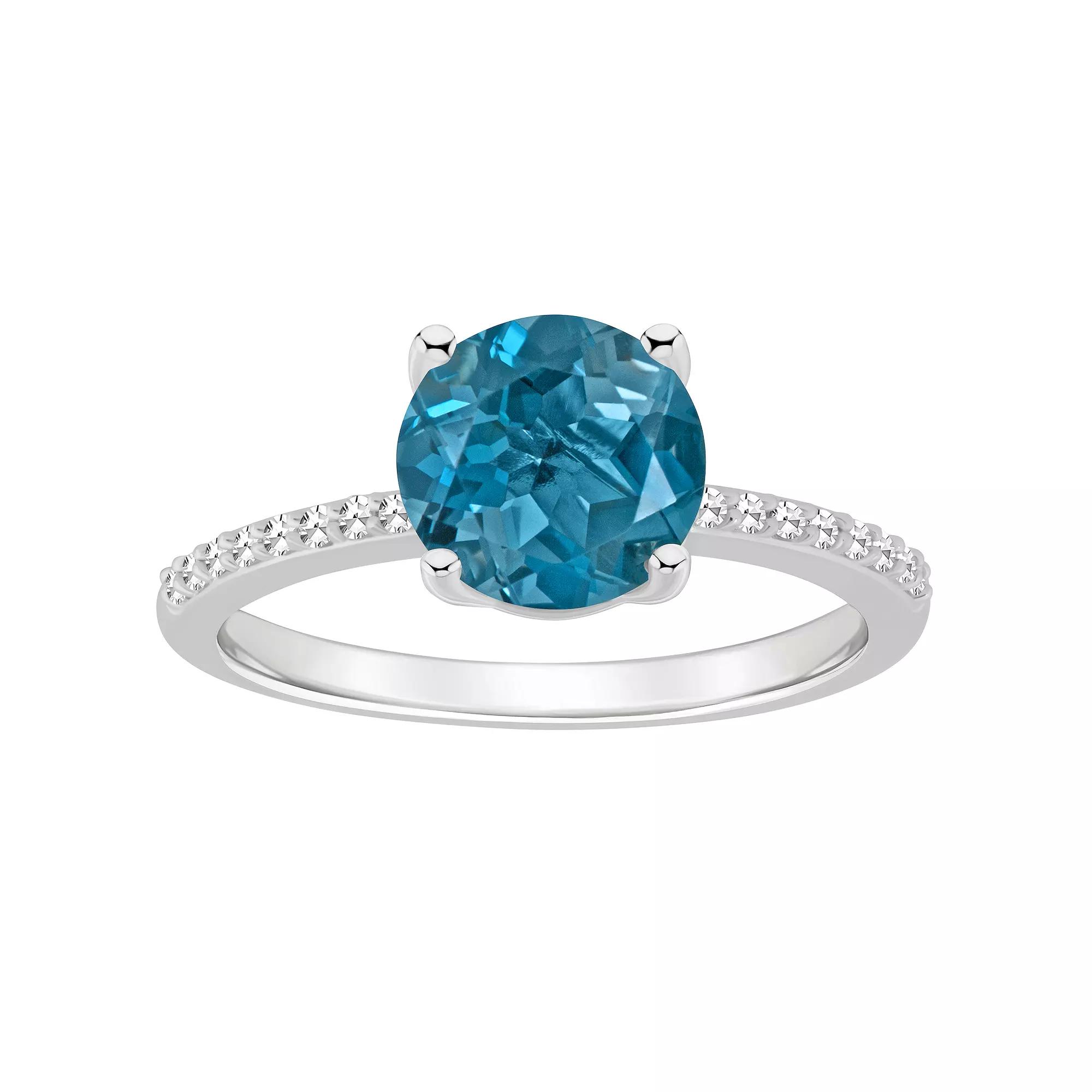 Alyson Layne Sterling Silver 8 mm Round Gemstone & 1/10 Carat T.W. Diamond Ring, Women's, London Blue Topaz Product Image