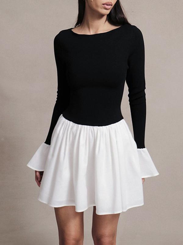 A-Line Flared Sleeves Contrast Color Pleated Split-Joint Round-Neck Mini Dresses Product Image