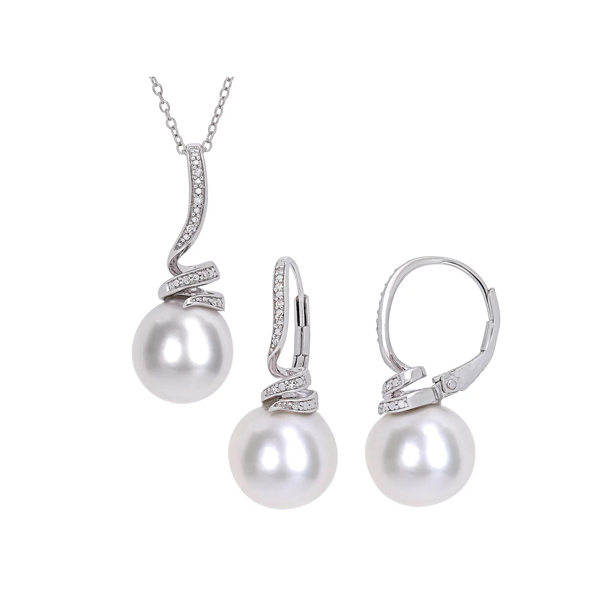 Stella Grace Freshwater Cultured Pearl & Diamond Accent Necklace & Earring Set, Women's, Size: 18", Sterling Product Image