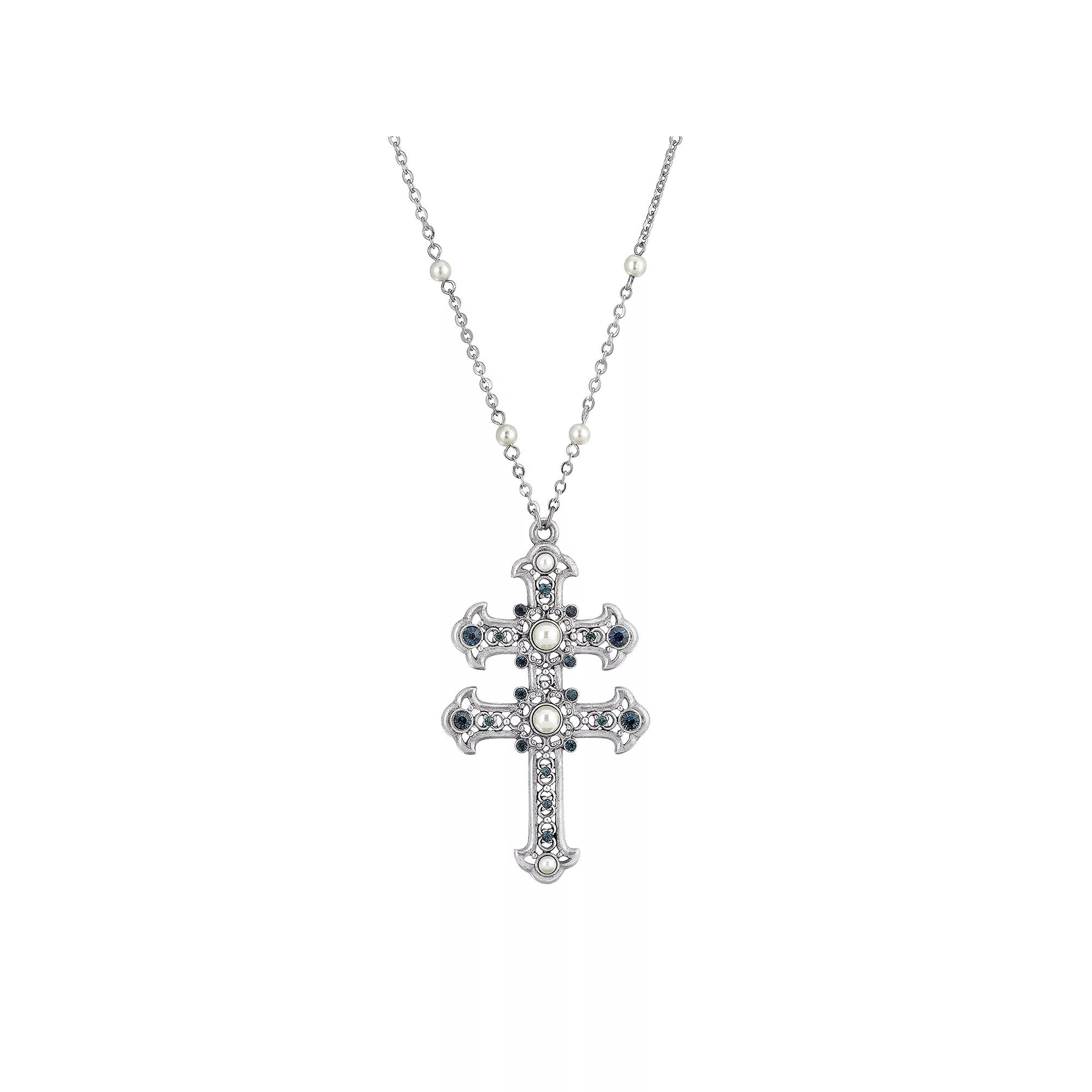 1928 Simulated Pearl & Simulated Crystal Double Cross Pendant Necklace, Womens, Blue Product Image