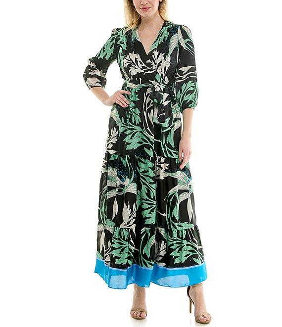 Moda Tara V-Neck 3/4 Sleeve Printed Faux Wrap Maxi Dress Product Image