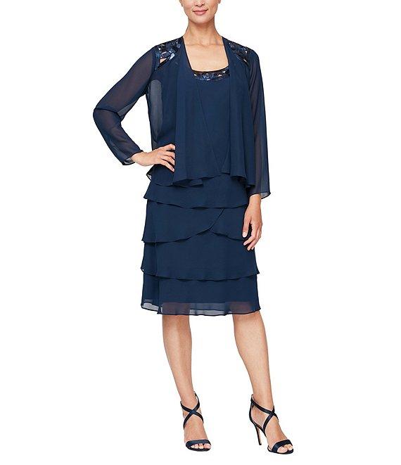 Ignite Evenings Sequin Detail Scoop Neck Long Sleeve Chiffon Tiered 2-Piece Jacket Dress Product Image