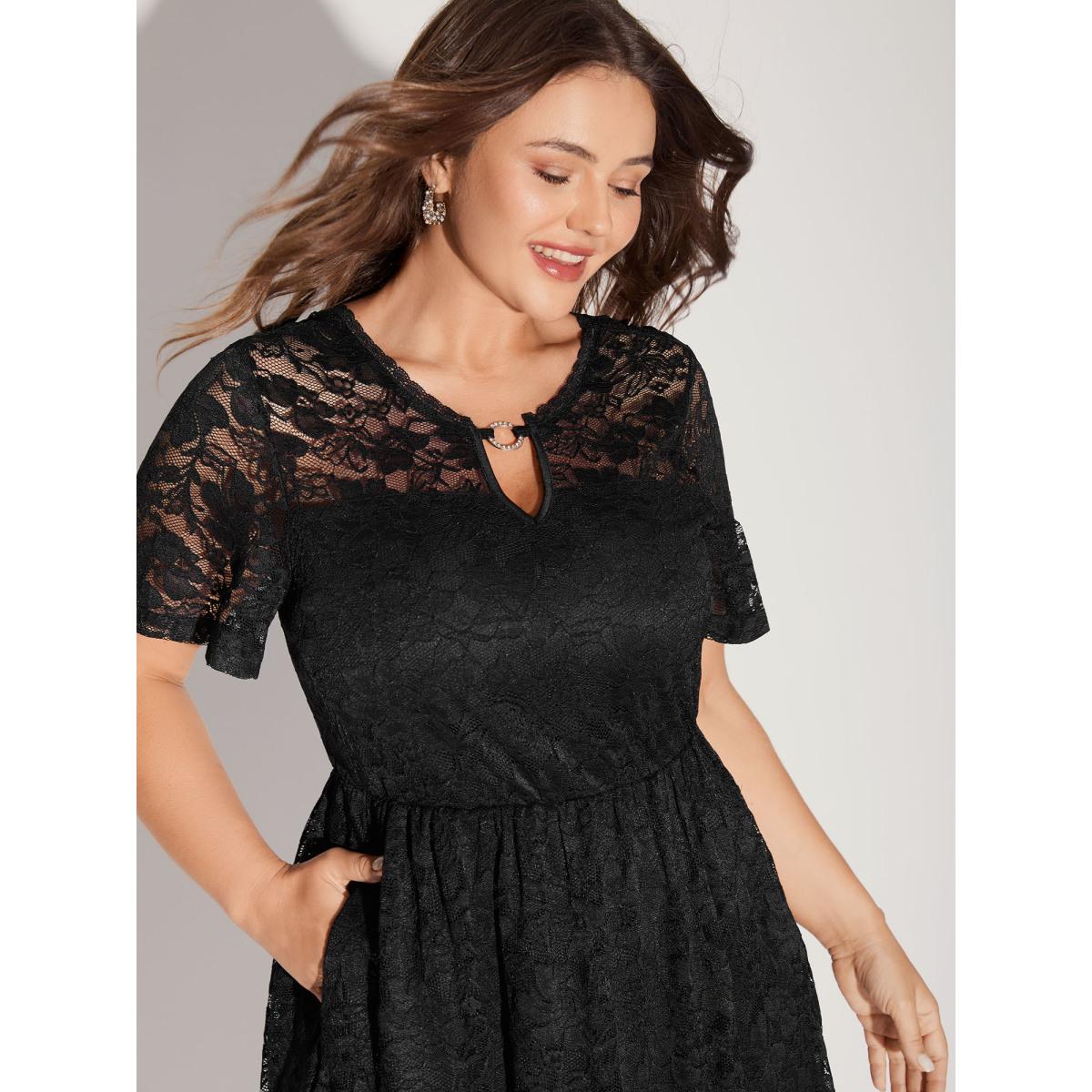 Plus Size Floral Lace Metal Detail Midi Dress Black Women Formal Round Neck Short sleeve Curvy BloomChic 22-24/3X Product Image
