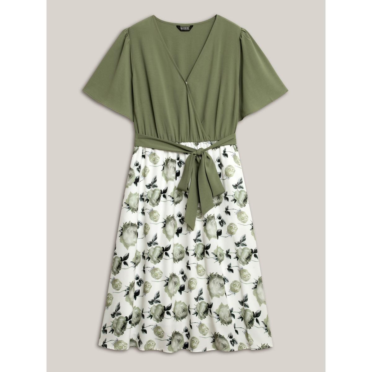Plus Size Breezy Floral Print Belted Midi Dress Sage Women Overlap Collar Short sleeve Curvy BloomChic 10/M Product Image