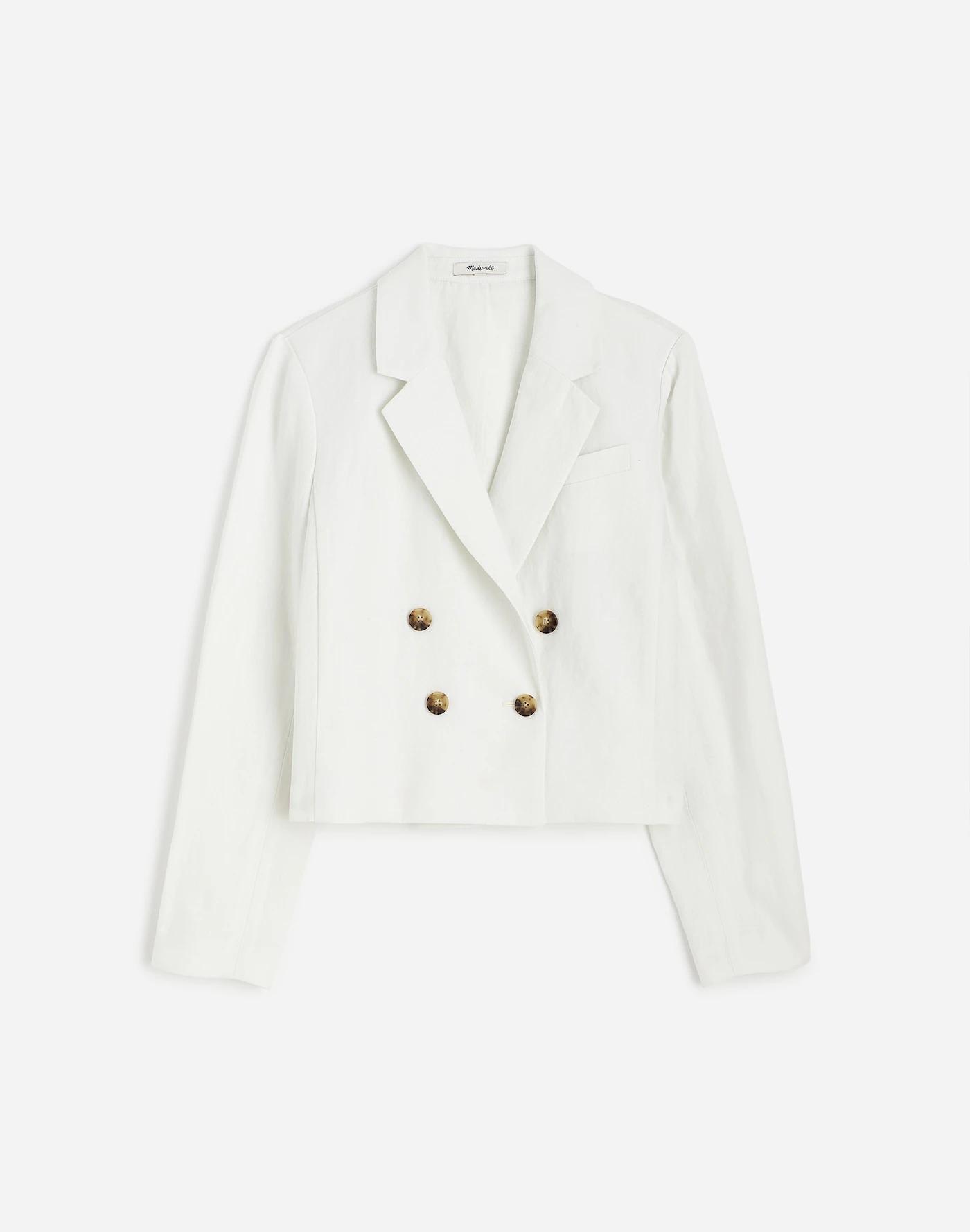 Double-Breasted Crop Blazer in 100% Linen Product Image