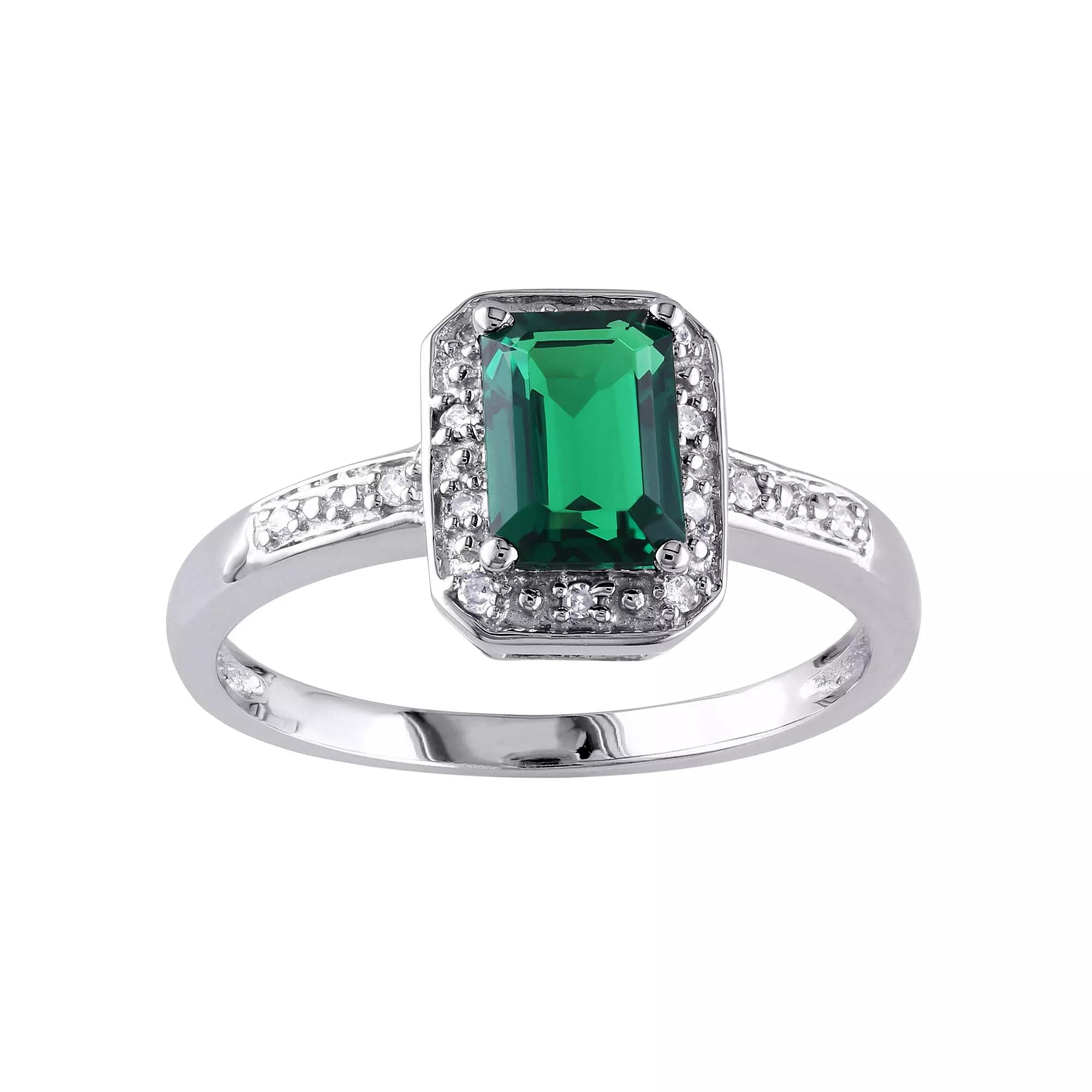 Stella Grace 10k White Gold Lab-Created Emerald & Diamond Accent Halo Ring, Women's,  Product Image