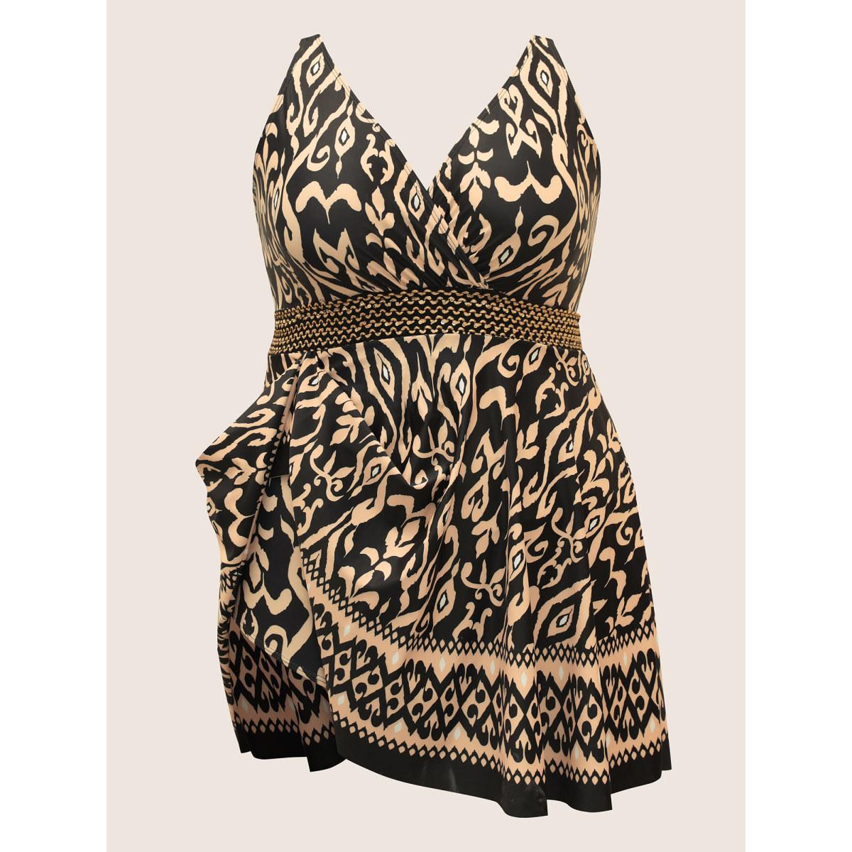 Plus Size Boho Print Overlap Collar Woven Ribbon Swim Dress Women's Swimwear Black Beach Bodycon Overlap Collar High stretch Curve Swim Dresses BloomChic 26/4X Product Image