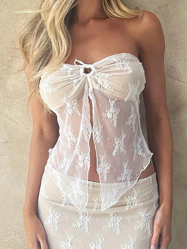 Patchwork Slit Sheer Mesh Bandeau Top Product Image
