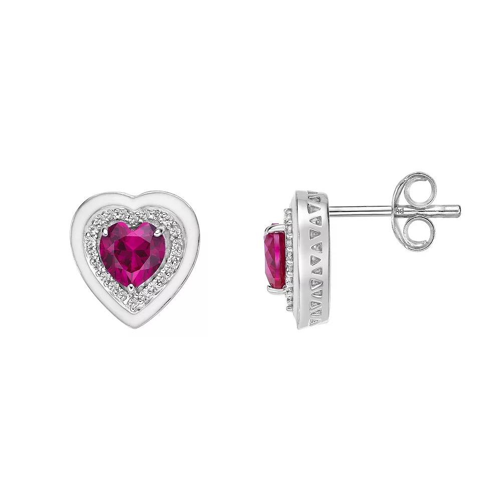 Gemminded Lab-Created Ruby & Lab-Created White Sapphire Heart Stud Earrings, Women's, Sterling Product Image