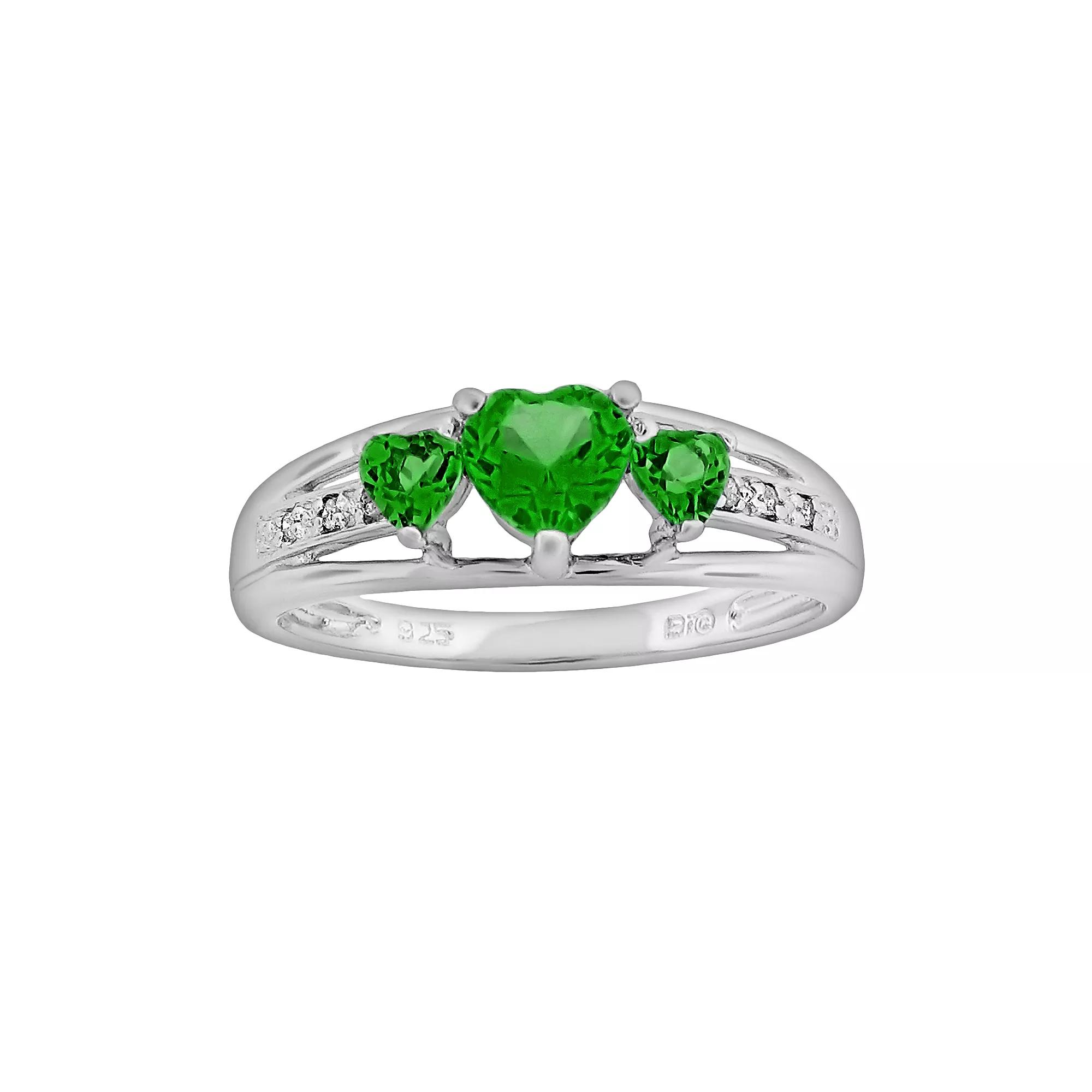 Gemminded Sterling Silver Lab-Created Emerald and Diamond Accent Heart 3-Stone Ring, Women's,  Product Image