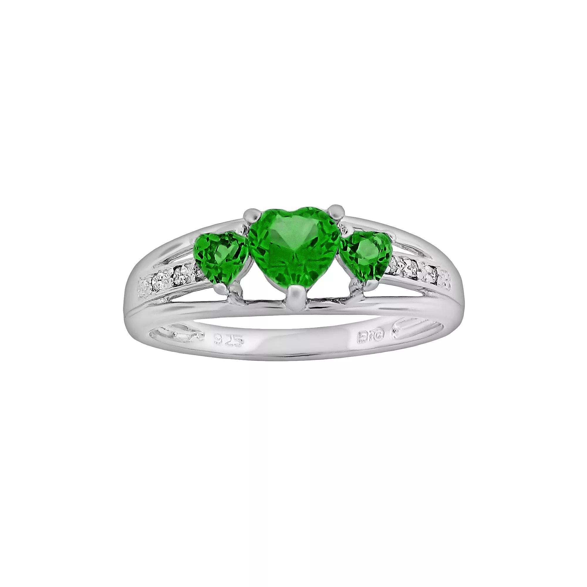 Gemminded Sterling Silver Lab-Created Emerald and Diamond Accent Heart 3-Stone Ring, Women's,  Product Image