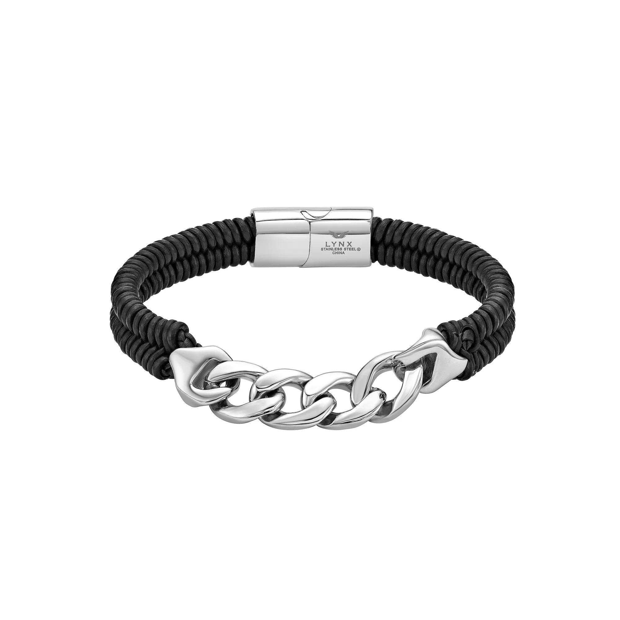 LYNX Men's Stainless Steel Curb Chain & Black Leather Bracelet, Size: 8.5" Product Image