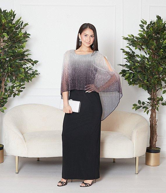 Ignite Evenings Beaded Ombre Popover 3/4 Sleeve Round Neck Gown Product Image