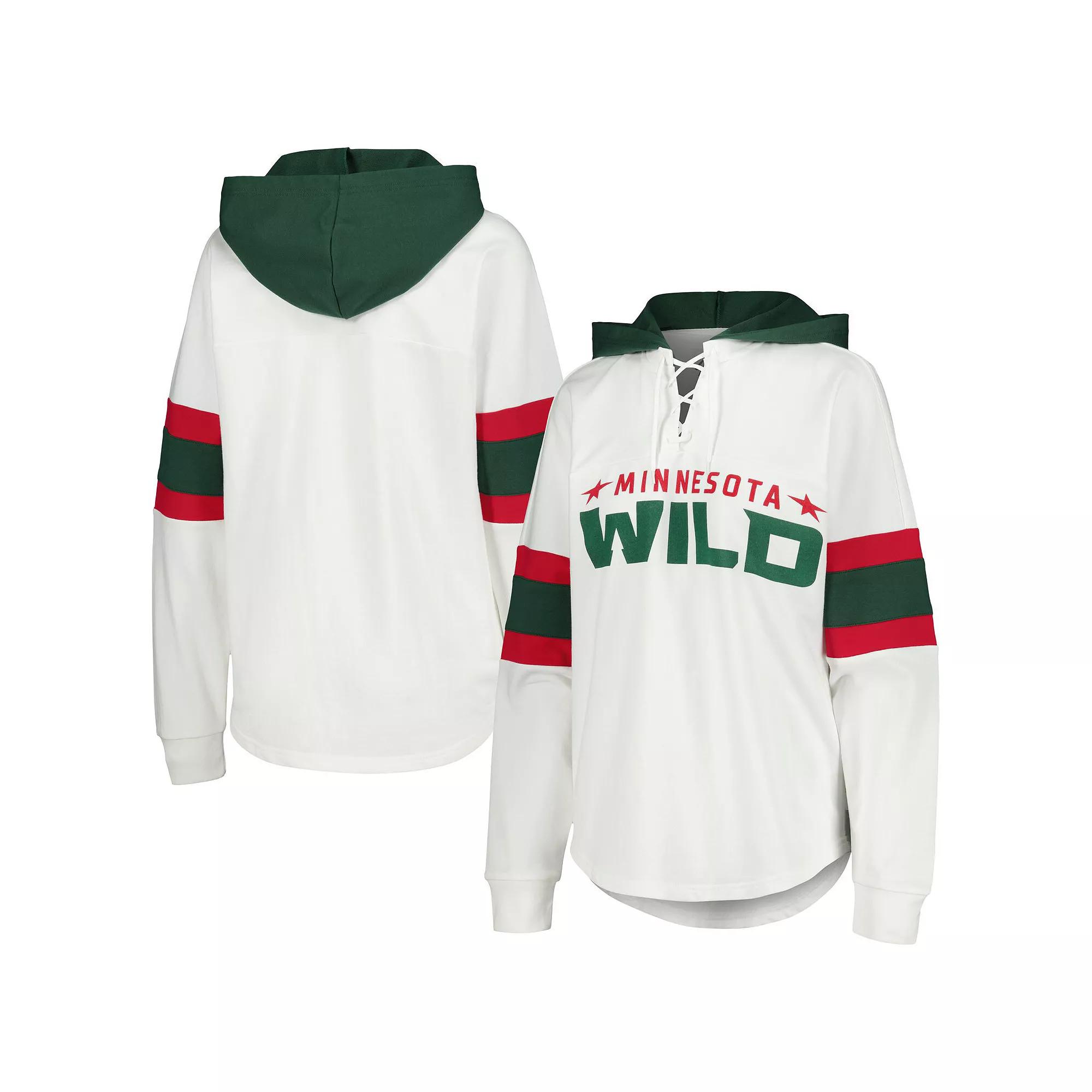 Women's G-III 4Her by Carl Banks White/Green Minnesota Wild Goal Zone Long Sleeve Lace-Up Hoodie T-Shirt,  Product Image