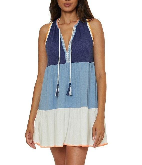 Lucky Brand Lagos Color Block Split V Neck Flutter Hem Swim Cover-Up Dress Product Image