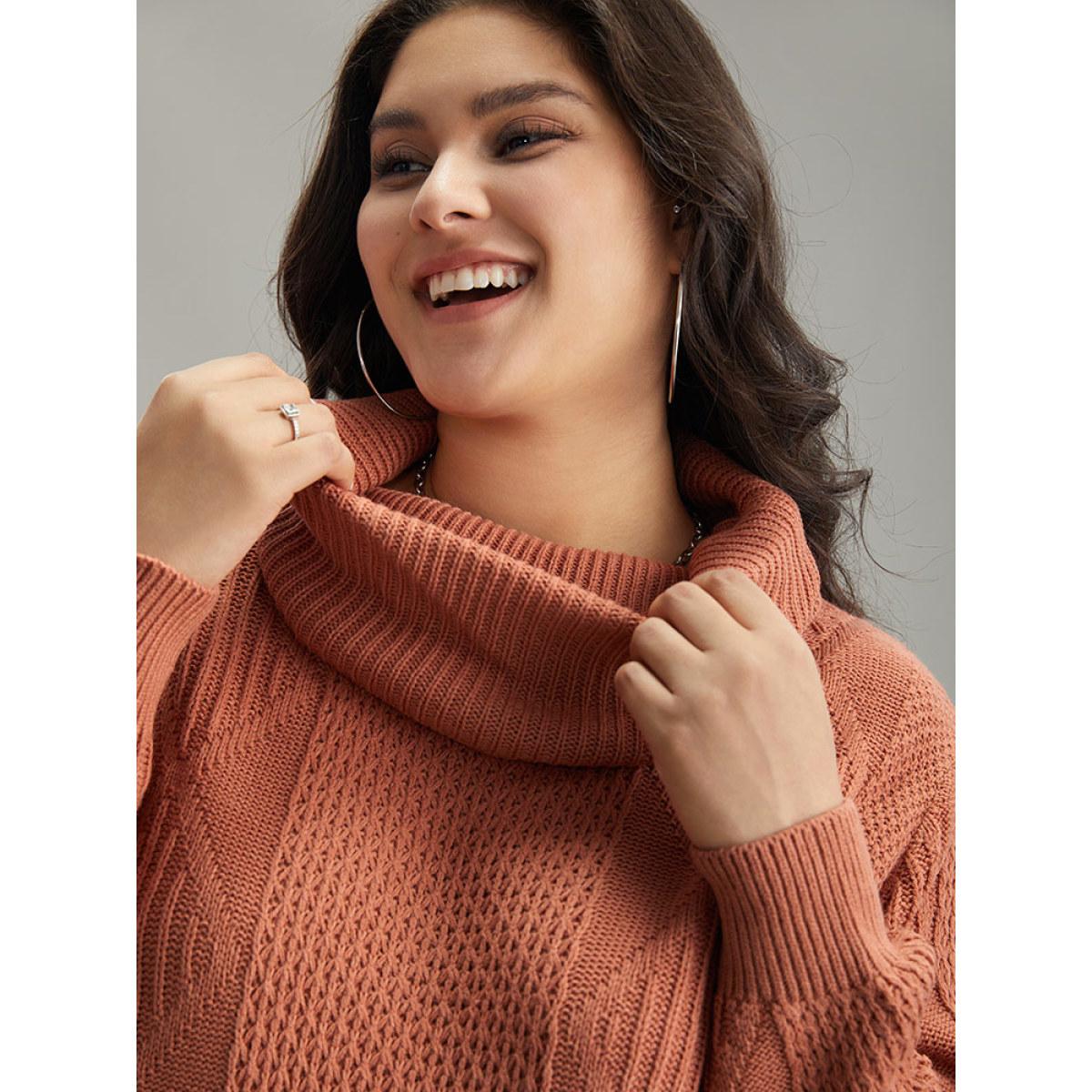 Plus Size Plain Plisse Turtle Neck Loose Pullover Coral Women Casual Loose Long Sleeve Turtleneck Dailywear Pullovers BloomChic 12/L Product Image