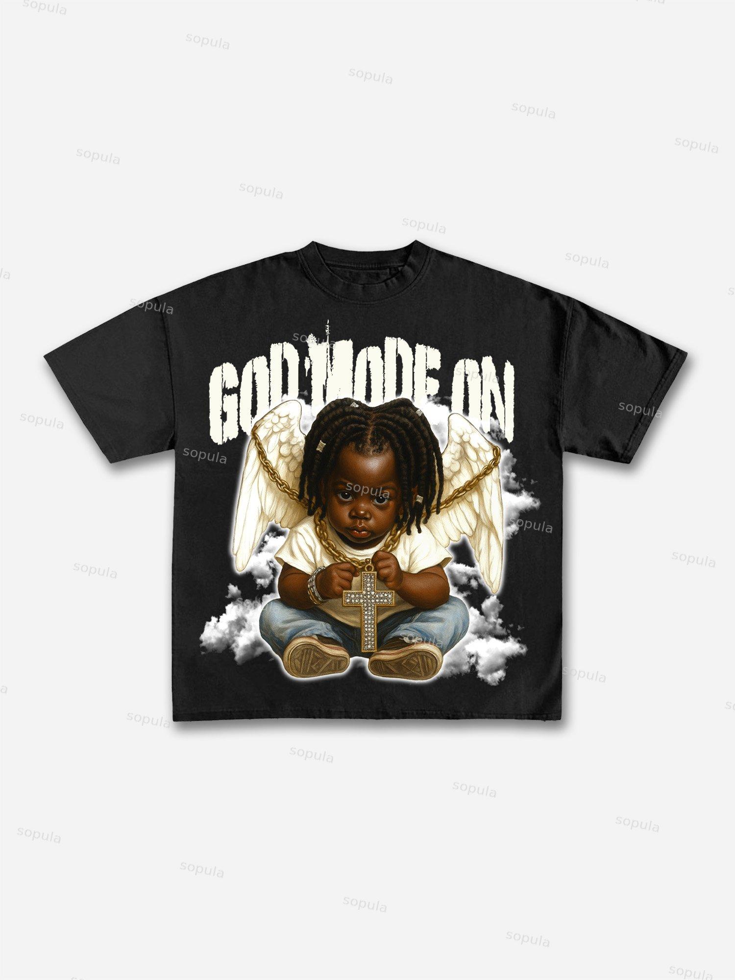 Black Kid Angel God Mode Is On Vintage Graphic Cotton T-shirt Product Image