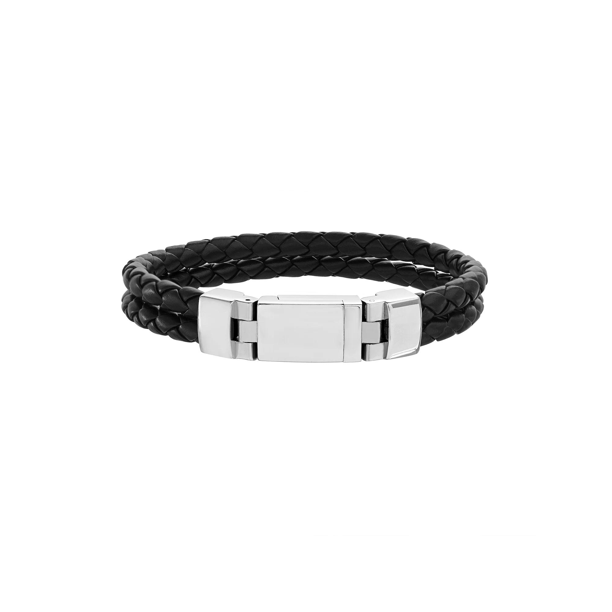 1913 Men's Double Strand Braided Vegan Leather & Stainless Steel Bracelet, Size: 8.5" Product Image