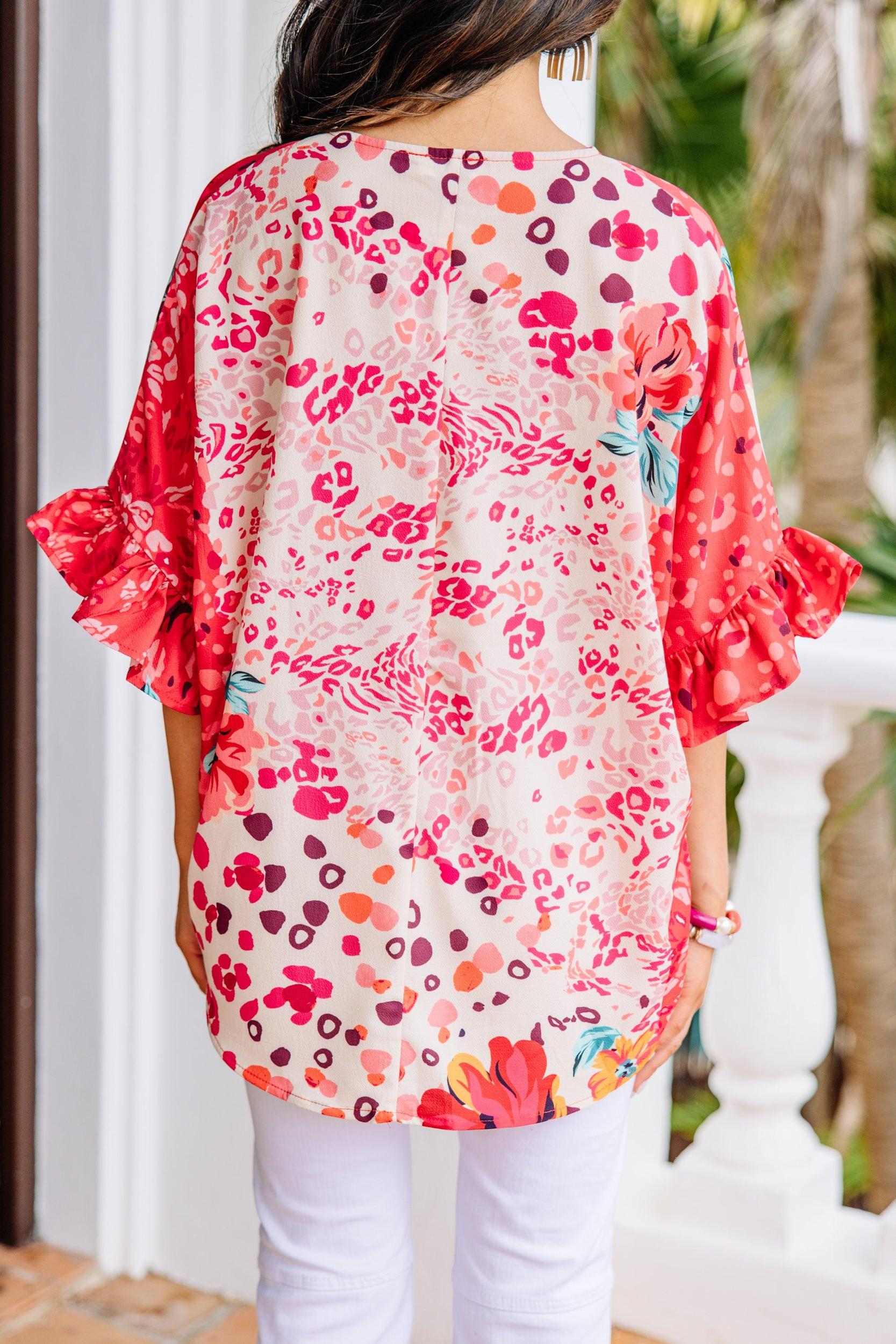 Be So Bold Coral Red Mixed Print Top Female Product Image