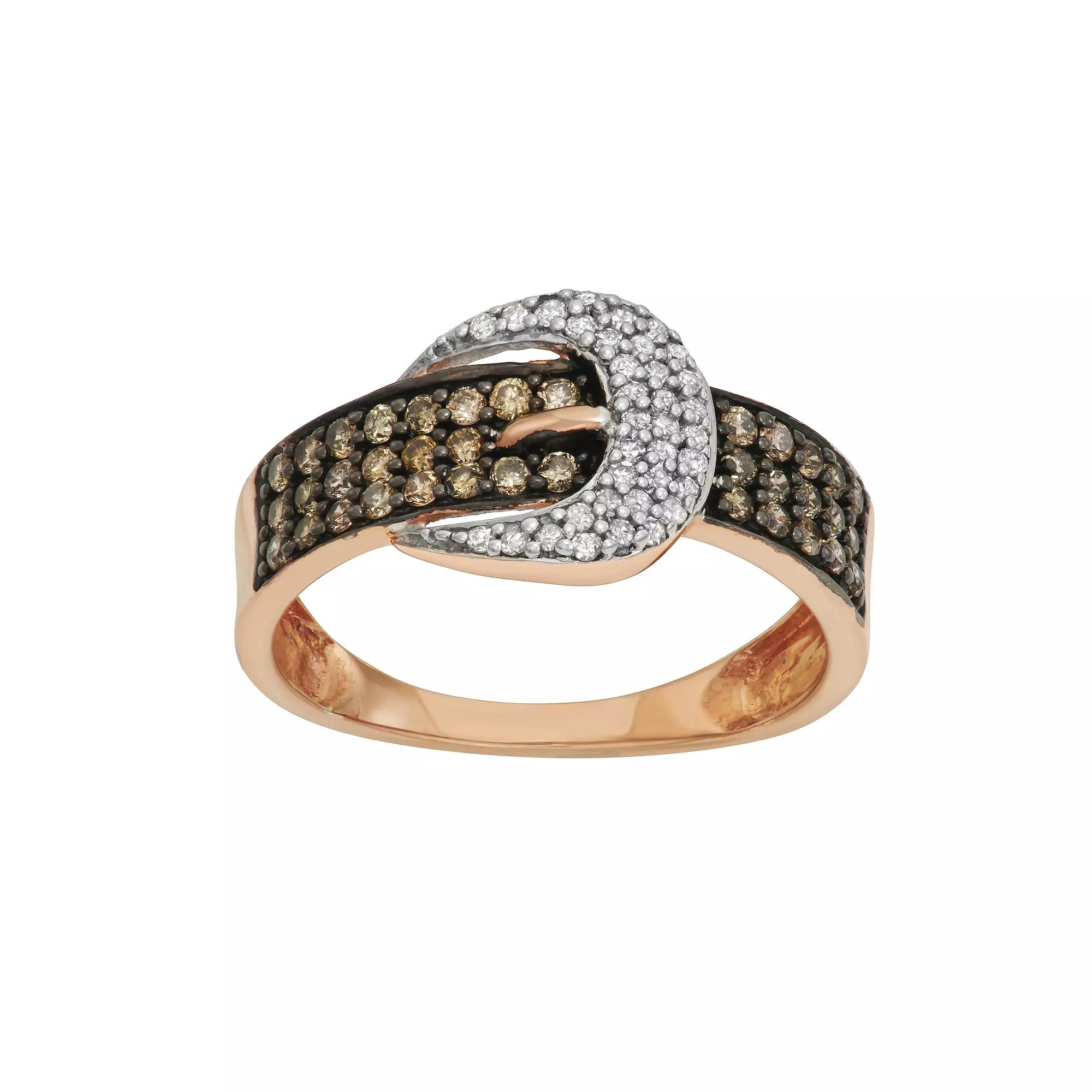 10k Rose Gold 1/5 Carat T.W. Brown & White Diamond Buckle Ring, Women's, Size: 7 Product Image