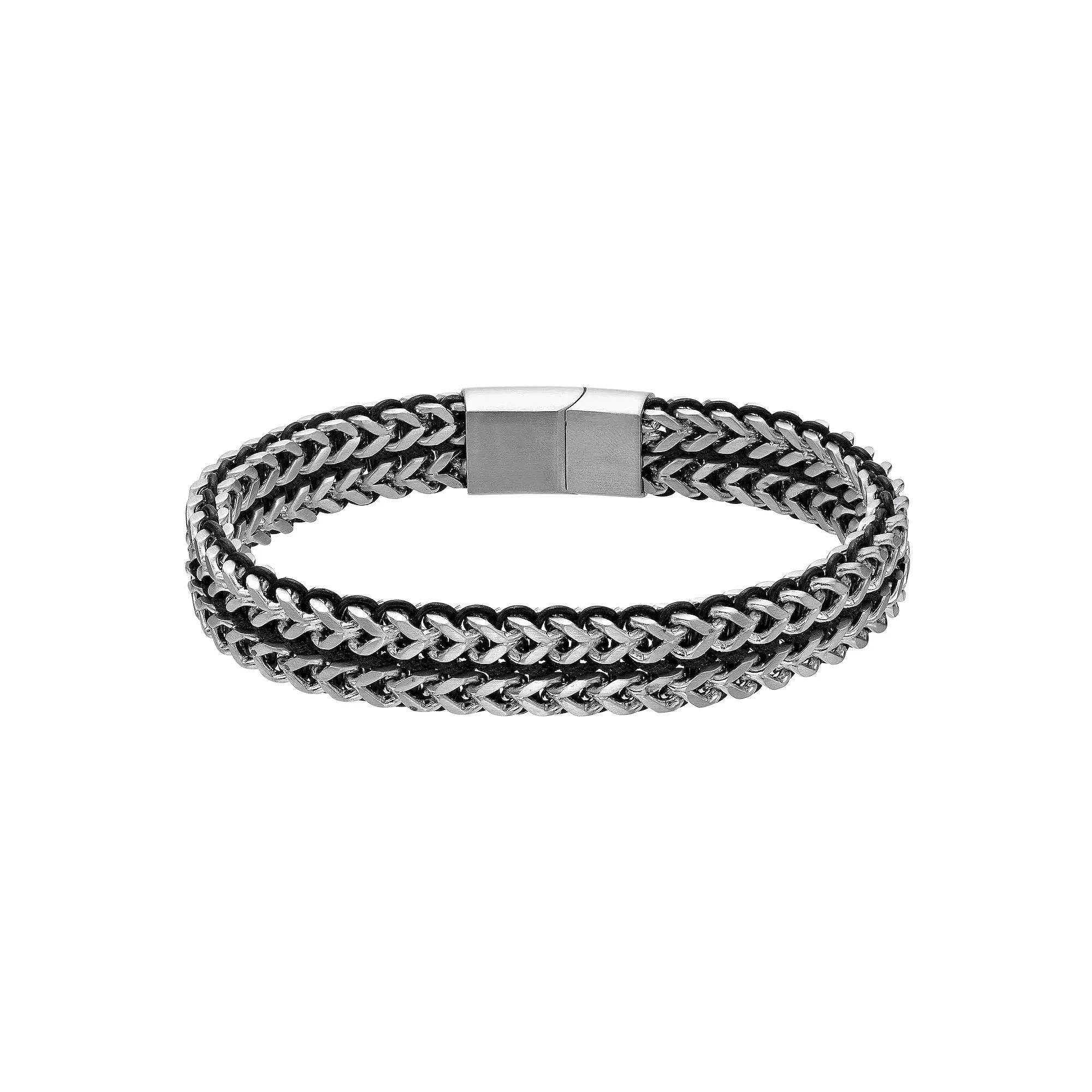 LYNX Men's Stainless Steel & Black Cord Foxtail Bracelet, Size: 9, Multi Product Image