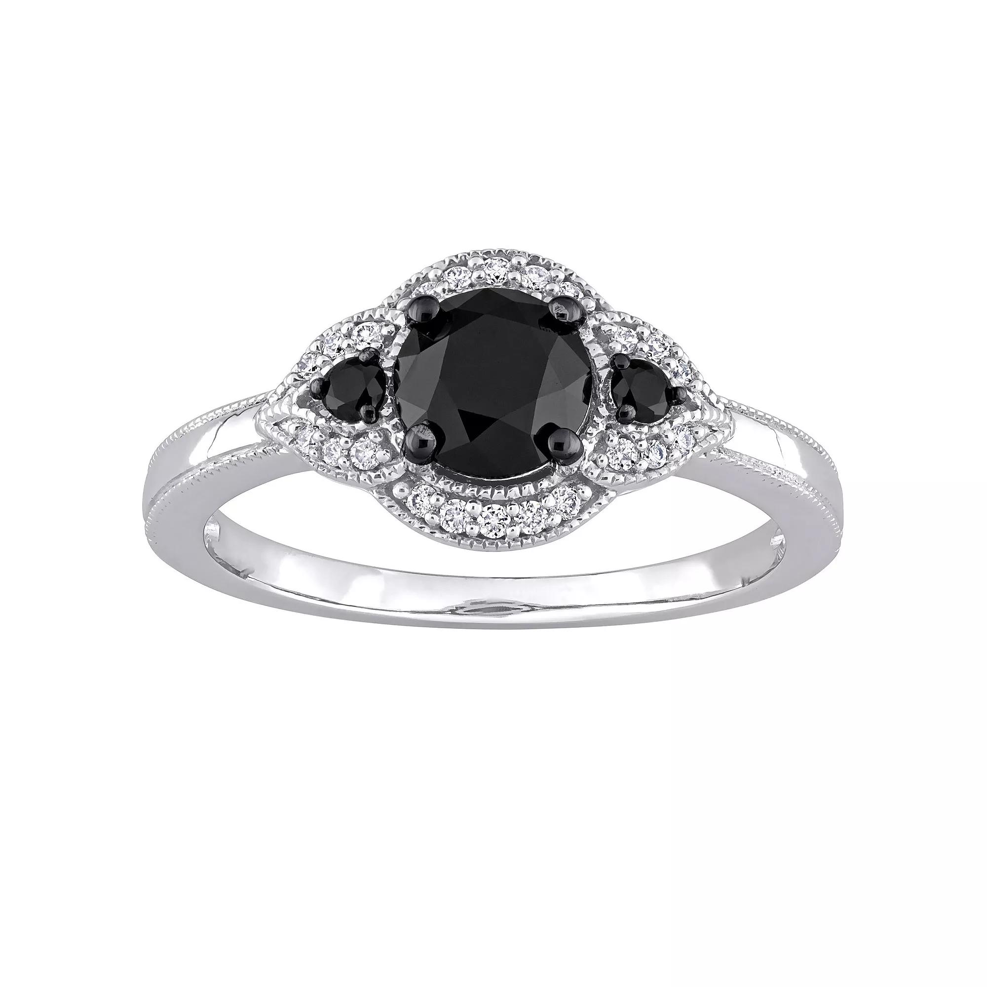 Stella Grace 14k White Gold 1 1/7 Carat T.W. Black & White Diamond 3-Stone Halo Engagement Ring, Women's,  Product Image