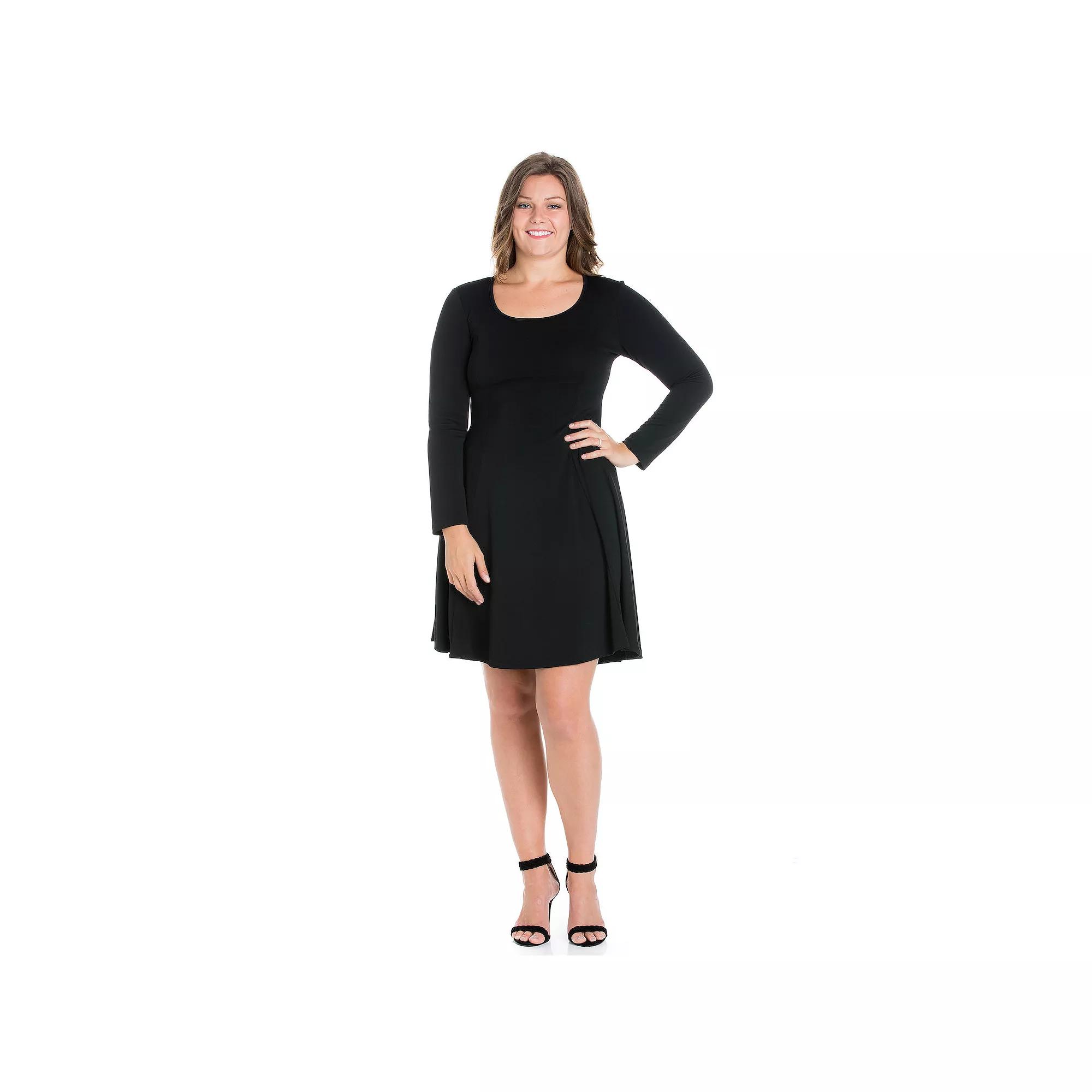 Plus Size 24seven Comfort Apparel Long Sleeve Knee Length Skater Dress, Women's, Size: 2XL, Black Product Image
