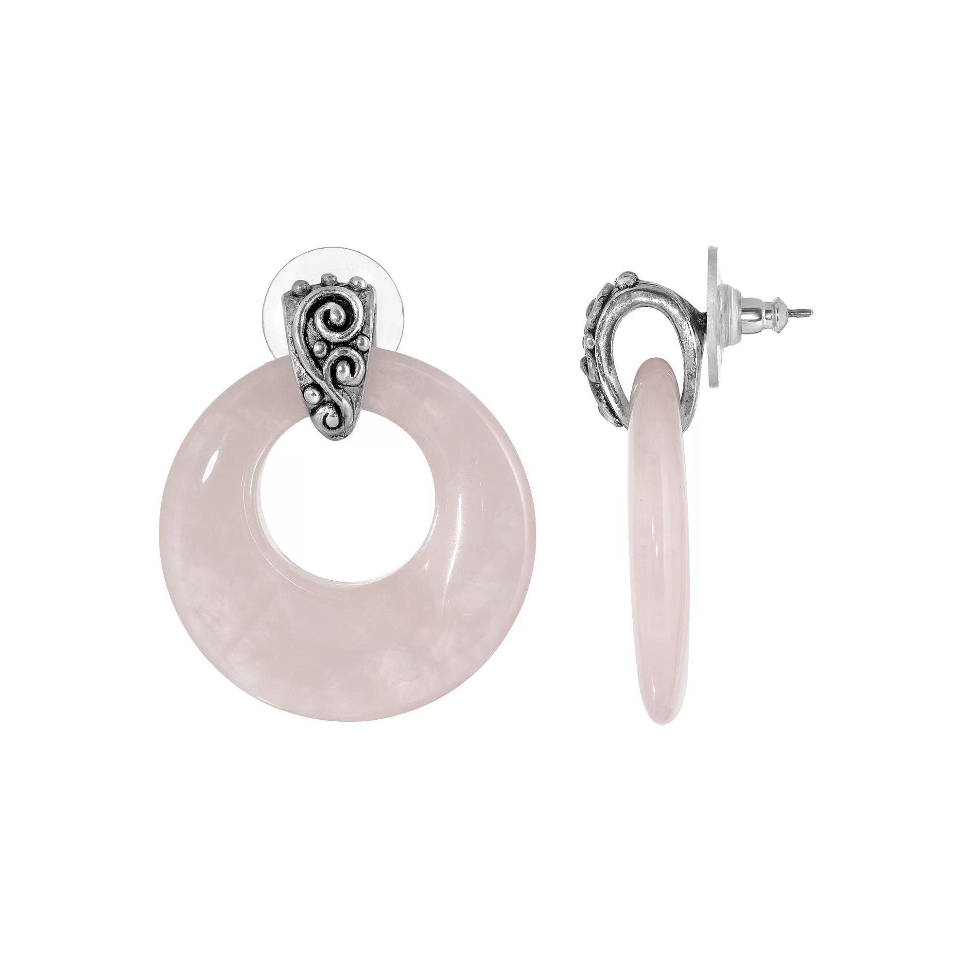 1928 Pewter Stone Round Doorknocker Drop Earrings, Womens, Pink Product Image