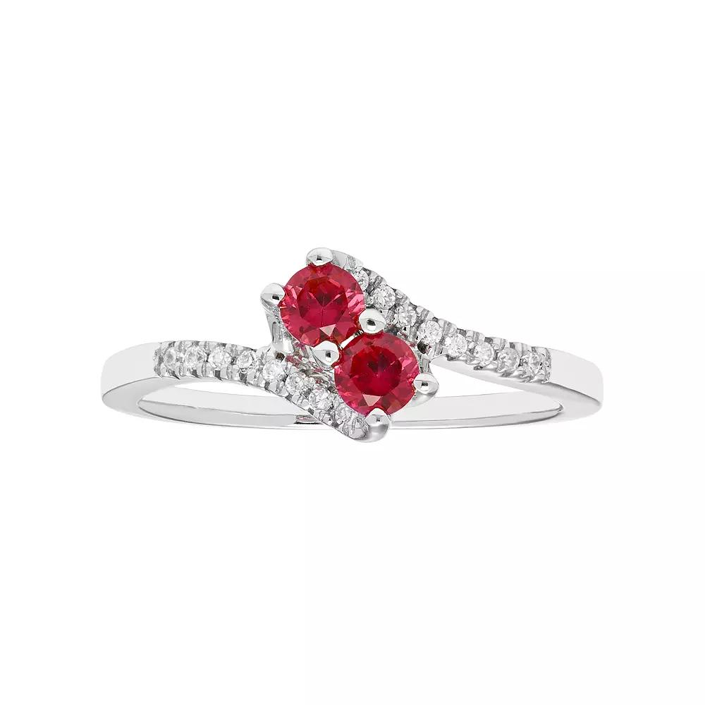 Sterling Silver Lab Created Ruby Two Stone & Diamond Accent Bypass Ring, Women's, Size: 7, Red Product Image