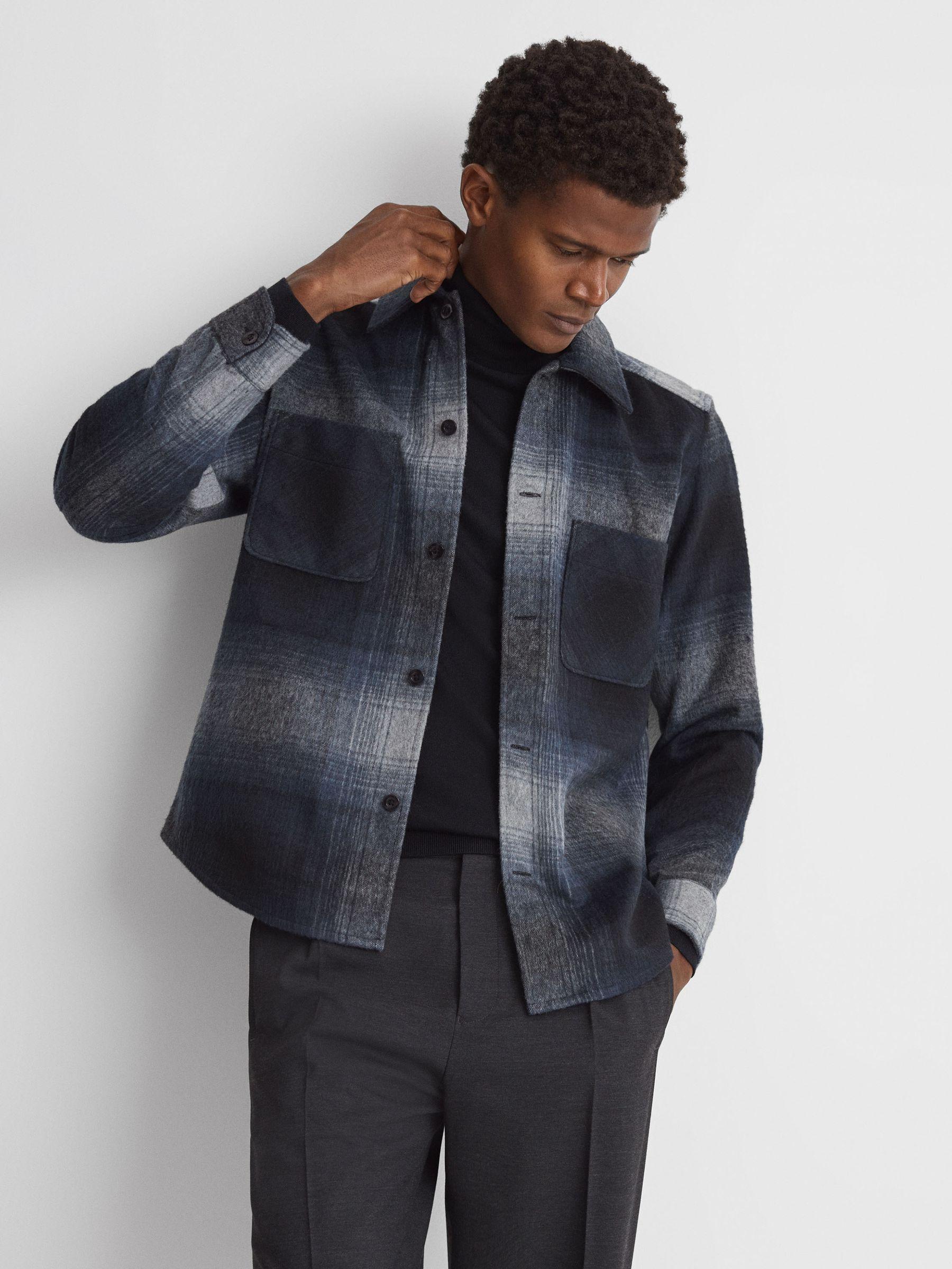 Wool Blend Check Overshirt in Blue Multi Product Image