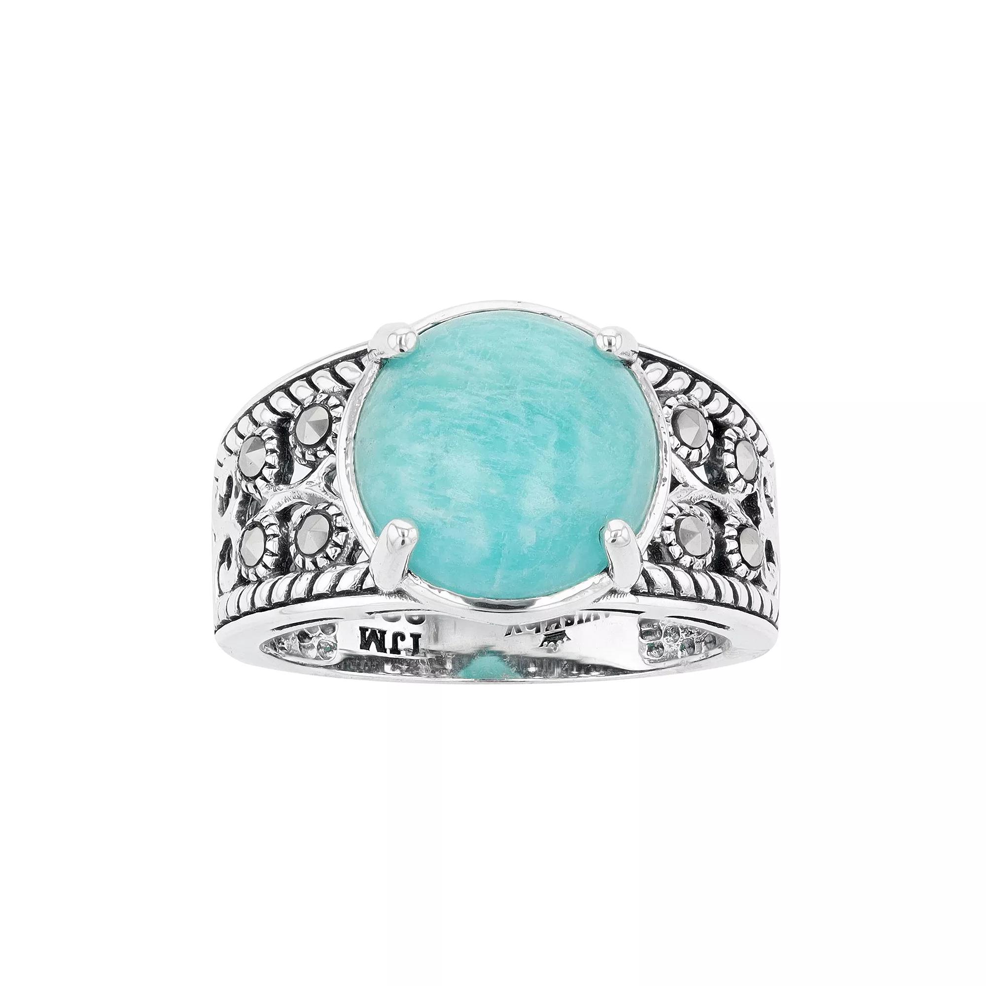 Lavish by TJM Sterling Silver Amazonite Cabochon & Marcasite Dome Ring, Women's, Size: 6 Product Image
