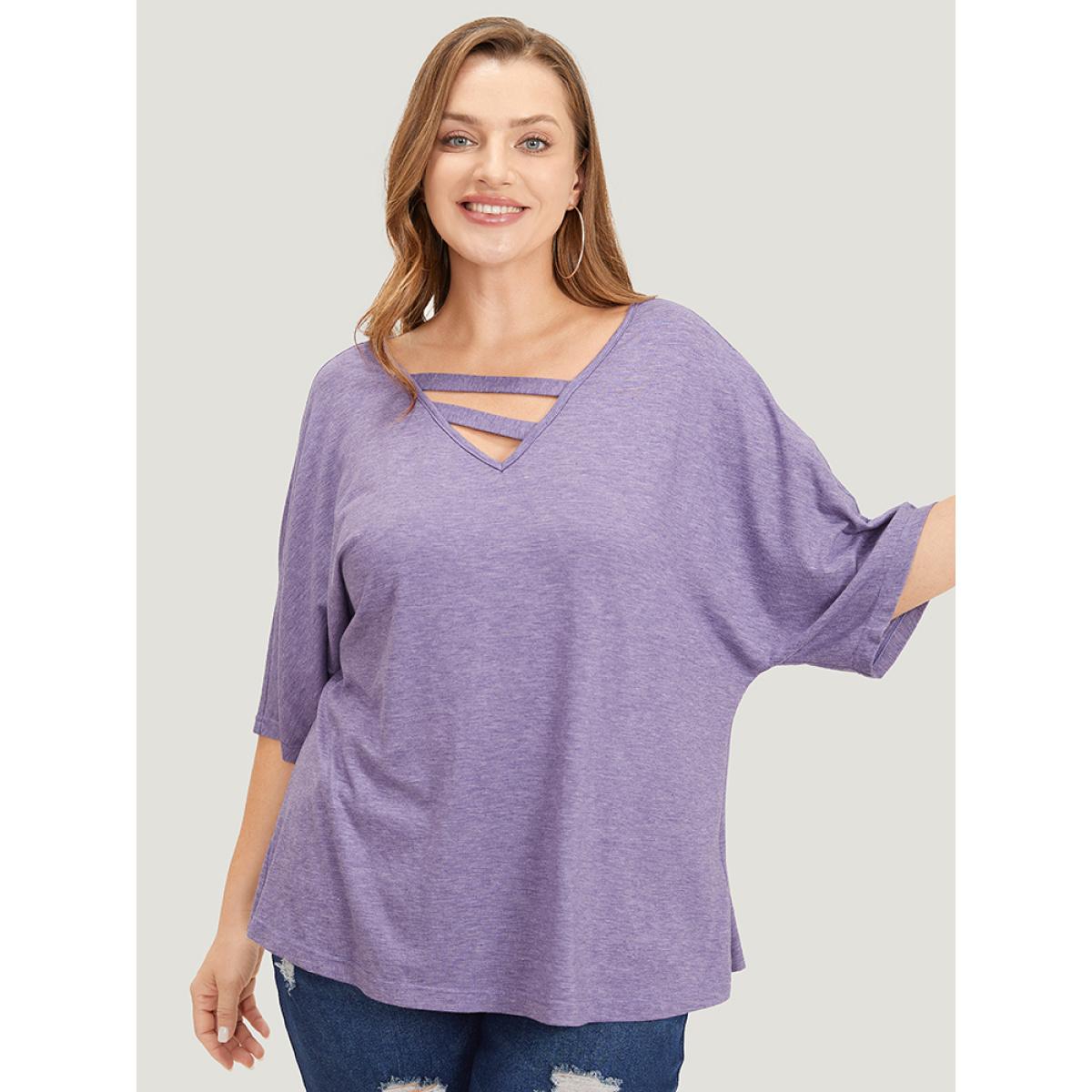 Plus Size Solid Heather Keyhole Neck Dolman Sleeve T-shirt Heather Women Casual Heather Plain V-neck Loose Dailywear T-shirts BloomChic 30/6X Product Image