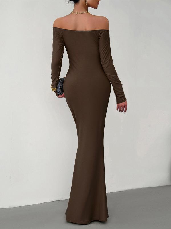 Solid Off Shoulder Long Sleeve Bodycon Maxi Dress Product Image