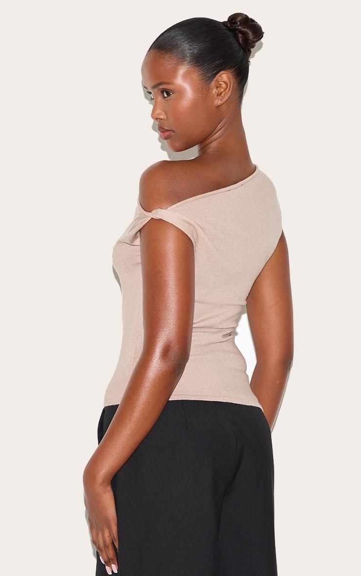  Taupe Basic Knit Asymmetric Hem Twist Sleeve Vest Top Product Image